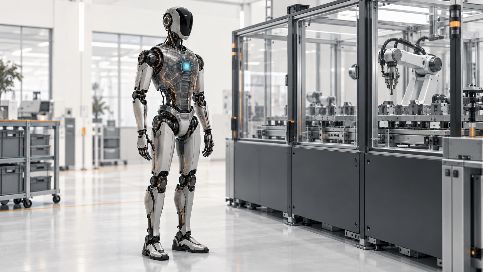 A standing humanoid with most systems dimmed and a small active supervisory core.