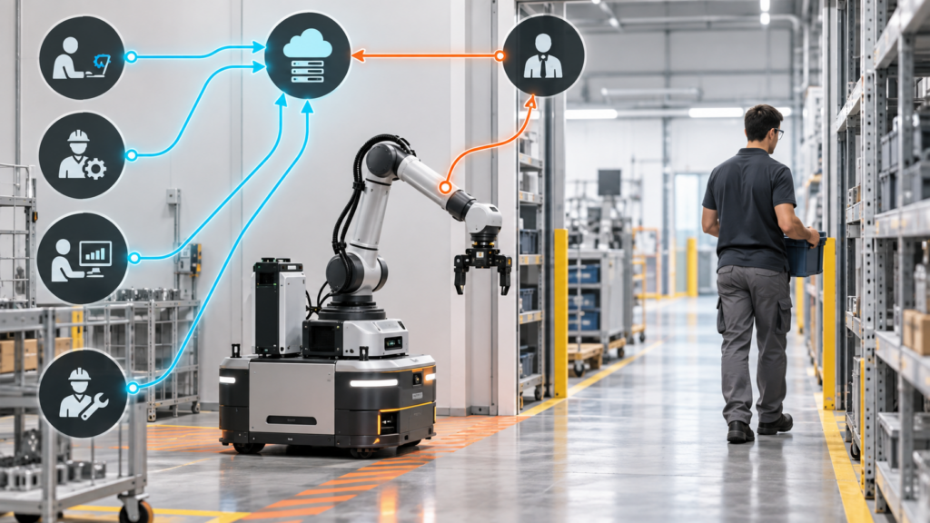 A mobile manipulator is surrounded by distributed authority and information paths in an industrial aisle.