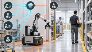 A mobile manipulator is surrounded by distributed authority and information paths in an industrial aisle.