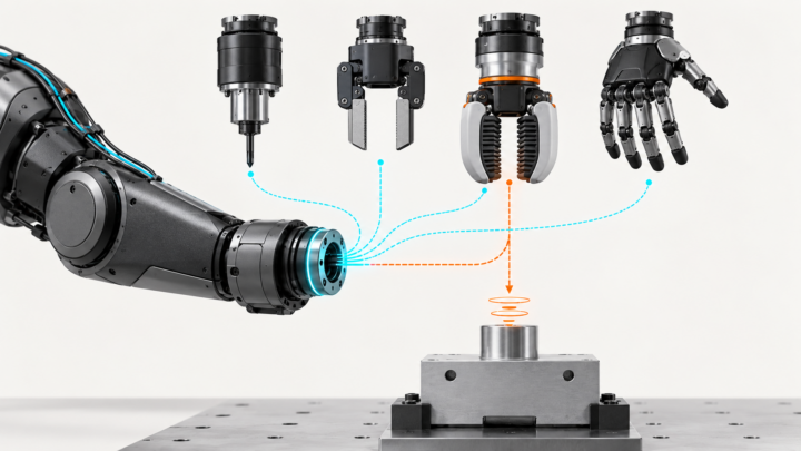 Robot forearm facing four end-effector choices, with information and force paths converging on a work object.