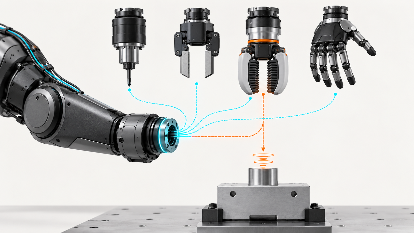 Robot forearm facing four end-effector choices, with information and force paths converging on a work object.