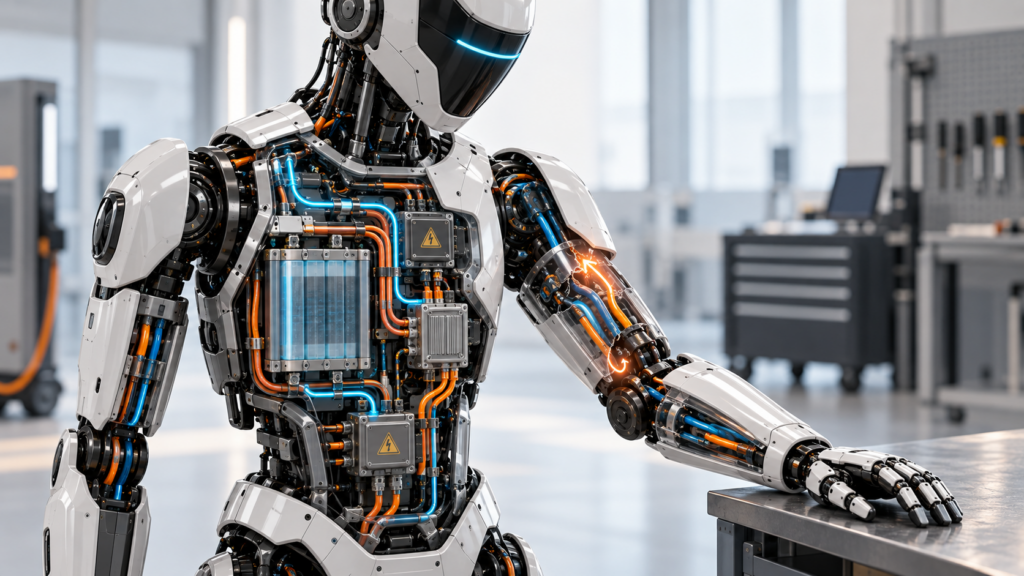 Industrial humanoid with translucent internal power paths and one subtle leakage path approaching its conductive structure.