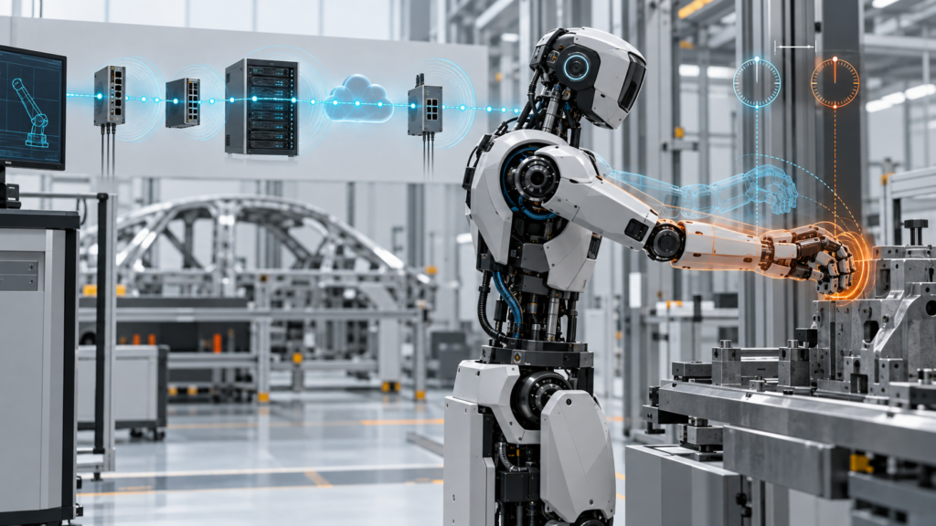 Humanoid robot receiving a cyan network signal as its orange physical trajectory diverges from a stale commanded pose.