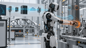 Humanoid robot receiving a cyan network signal as its orange physical trajectory diverges from a stale commanded pose.
