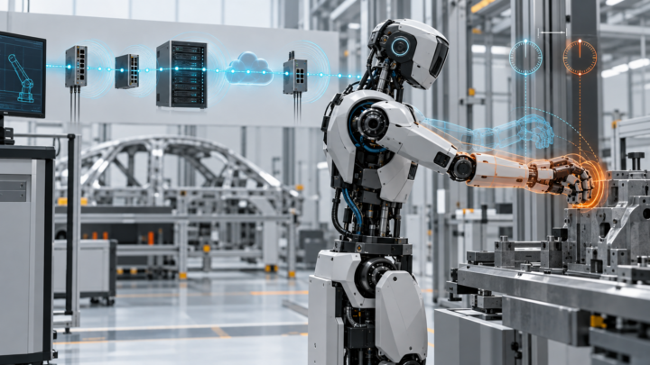 Humanoid robot receiving a cyan network signal as its orange physical trajectory diverges from a stale commanded pose.