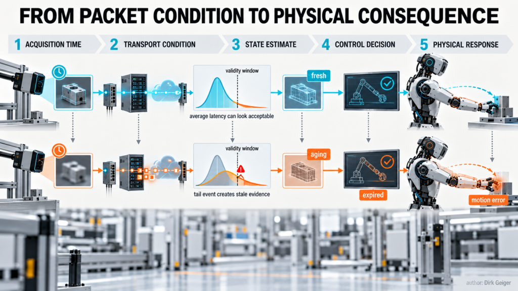 Causal chain connecting acquisition timing and network conditions to state estimation, control decisions and physical response.