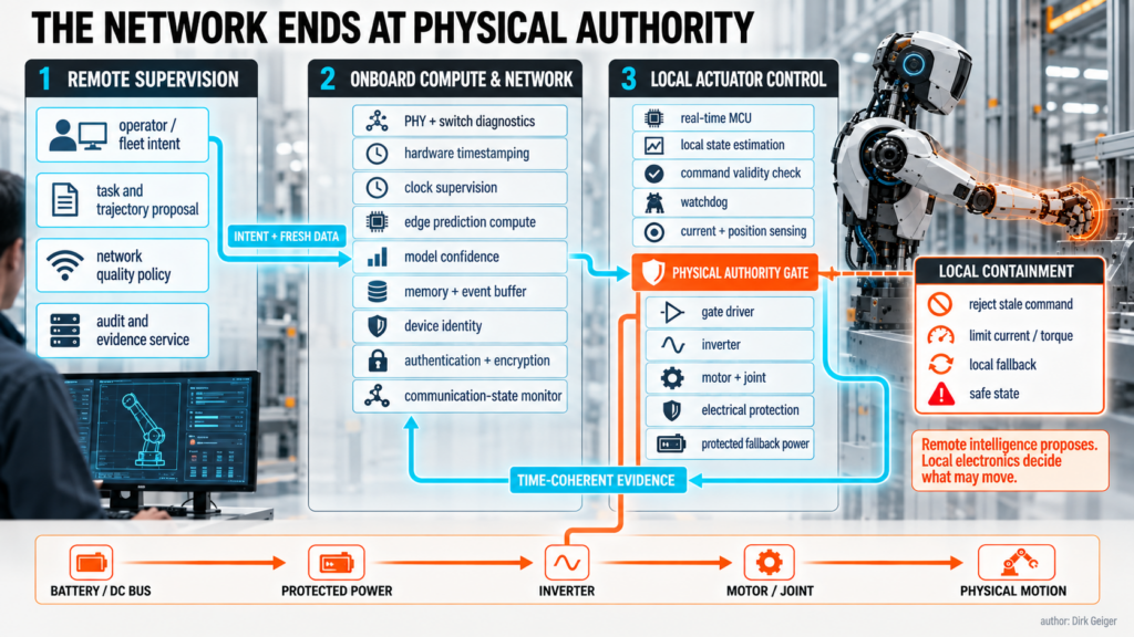 Electronics architecture linking remote supervision through onboard networking to locally bounded actuator control and protection.