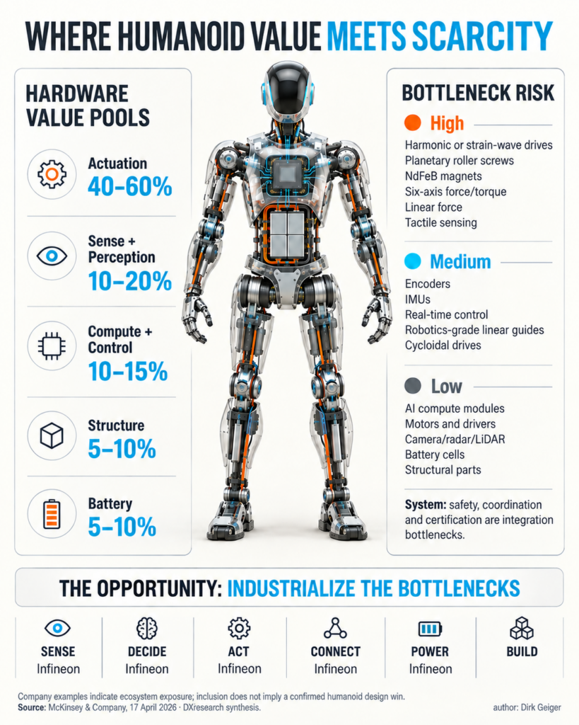 Infographic comparing humanoid hardware value pools with supply-chain bottleneck risks and selected listed ecosystem exposure.