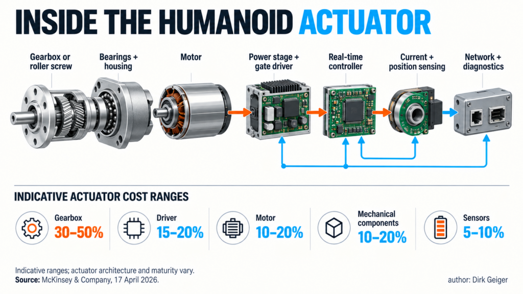 Exploded humanoid actuator diagram showing transmission, motor, electronics, controller, sensing, network and diagnostics.