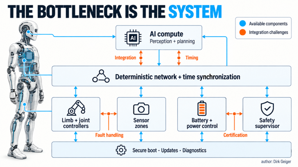 Distributed humanoid control architecture with central AI compute, deterministic networking, local controllers, sensing, power and safety supervision.