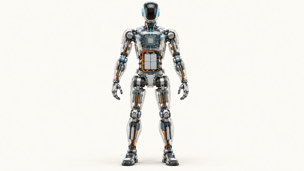 Technical cutaway of a humanoid robot showing actuators, sensing, control electronics, power routing and battery systems.