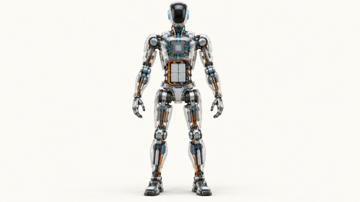 Technical cutaway of a humanoid robot showing actuators, sensing, control electronics, power routing and battery systems.