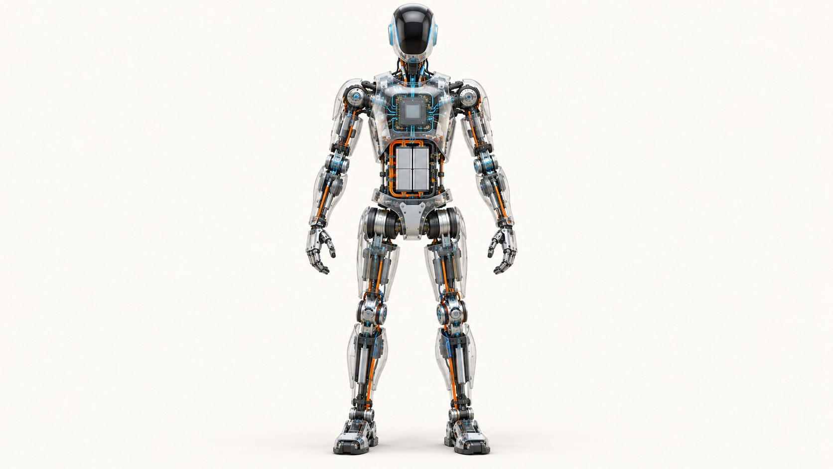 Technical cutaway of a humanoid robot showing actuators, sensing, control electronics, power routing and battery systems.