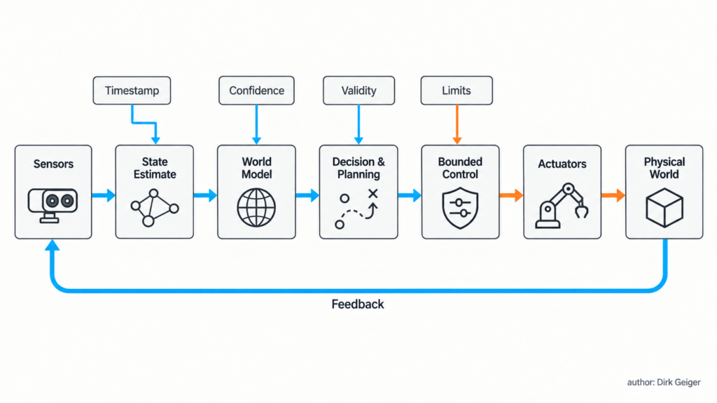 Closed-loop diagram from sensors through state estimation, world model, planning, bounded control and actuators back through the physical world.