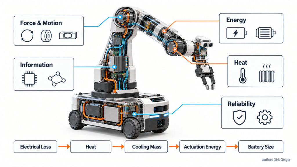 Robot cutaway surrounded by five coupled budgets for force, energy, heat, information and reliability.