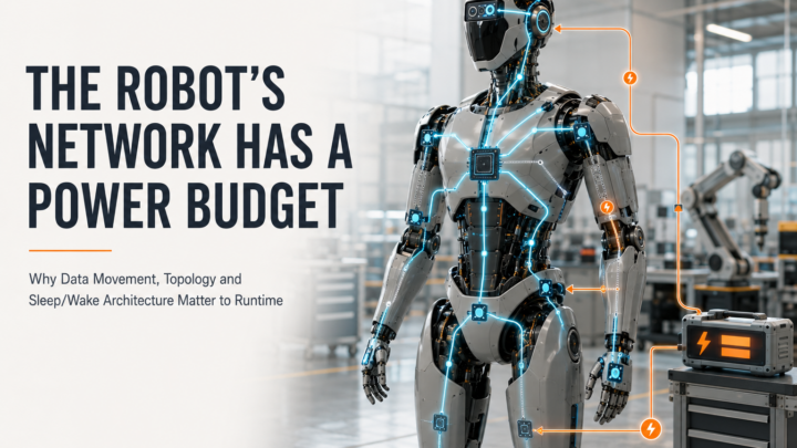 Industrial humanoid with internal communication paths and energy-flow markers showing networking as part of the robot power budget.