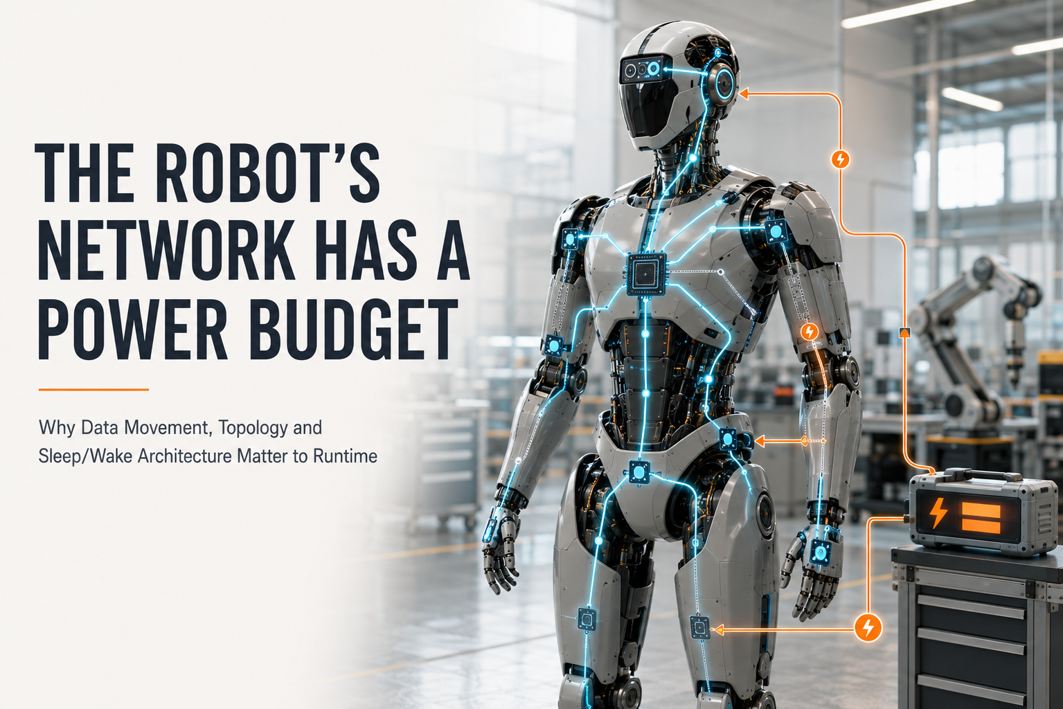 Industrial humanoid with internal communication paths and energy-flow markers showing networking as part of the robot power budget.