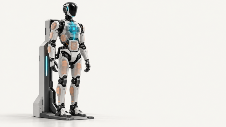 Docked humanoid in a low-power state with a small cyan always-on supervisory domain and dormant orange body zones.