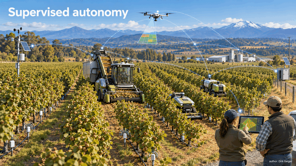 Future supervised-autonomous hazelnut orchard coordinating sensors, machines and human supervisors.