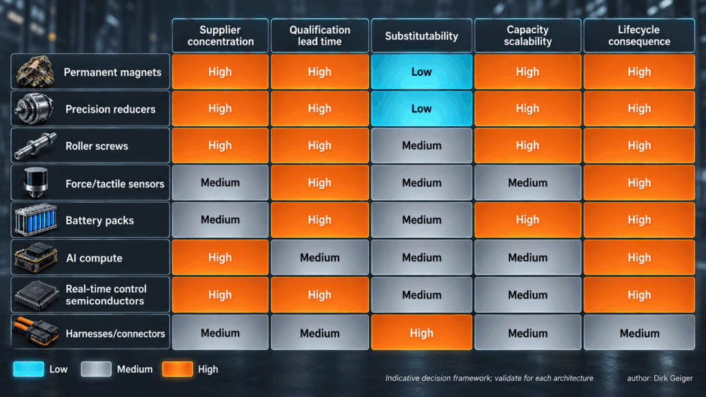 Qualitative heatmap comparing supply risks across key Physical AI components.