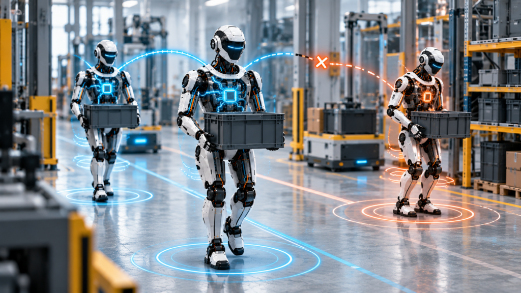 Three robots coordinate wirelessly while retaining independent local safety after a peer link is lost.