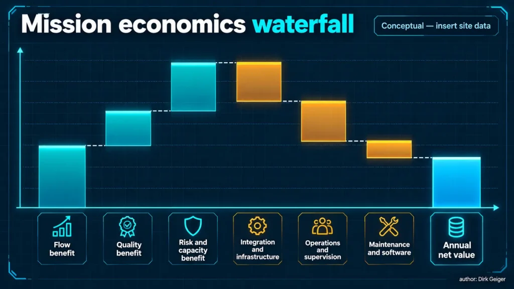 Conceptual waterfall connecting outcome benefits and lifecycle costs to annual net value.