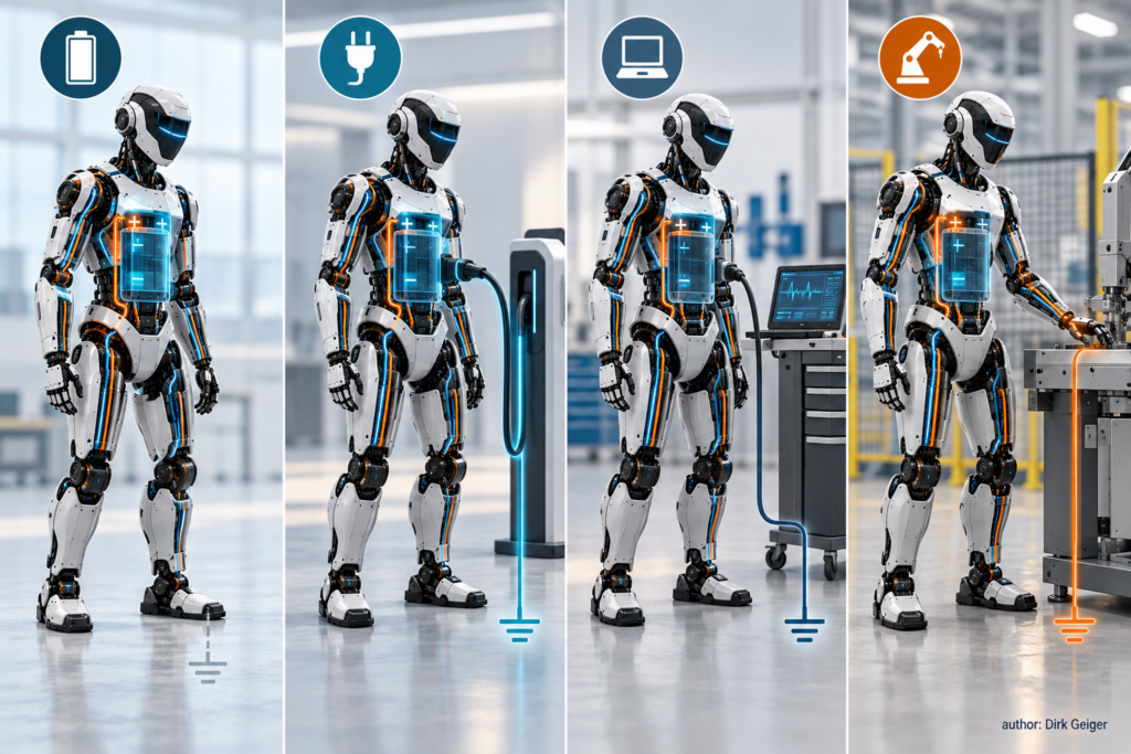 Four operating states show a humanoid’s changing relationship to earth, charging equipment, service equipment and grounded tools.