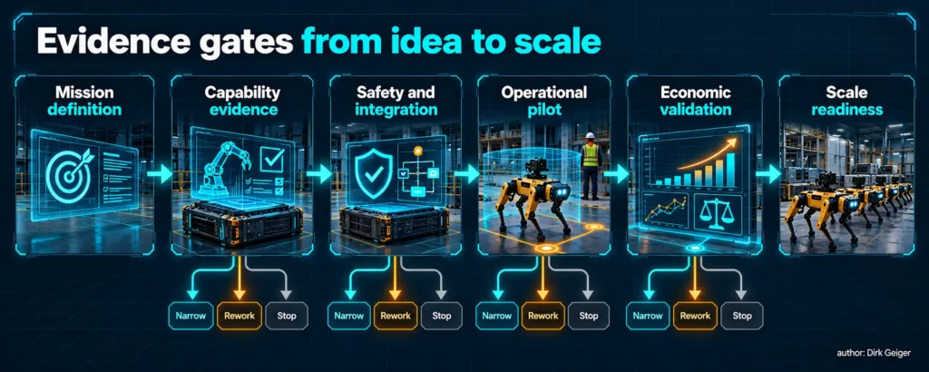Six evidence gates guiding a robotics use case from mission definition to scale readiness.