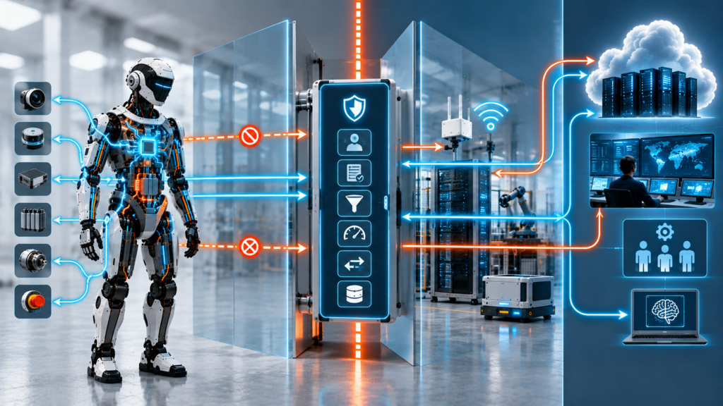 Gateway enforcing authentication, policy, filtering and translation between internal and external robot networks.