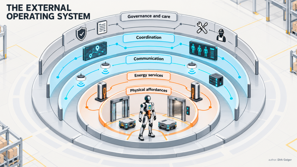 Five infrastructure layers surround a robot fleet: physical, energy, communication, coordination, and governance.