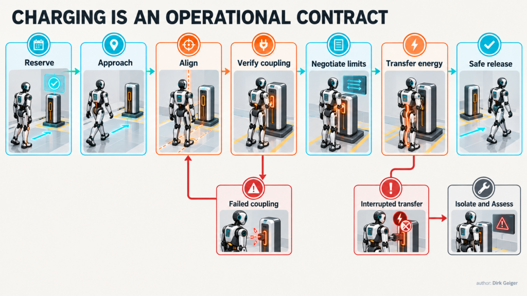 State flow from charger reservation through alignment, coupling verification, energy transfer and safe release, with controlled failure branches.