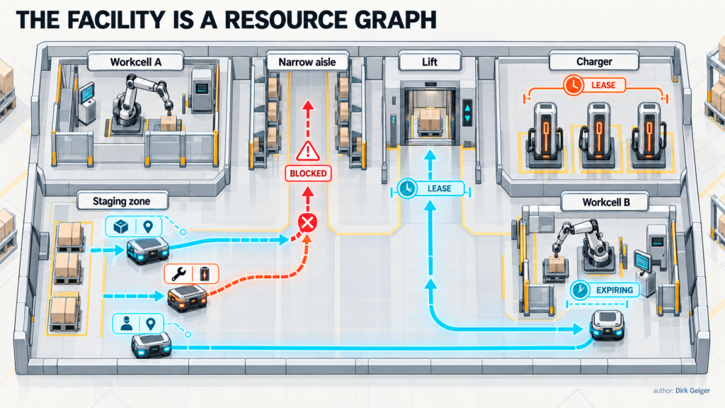 Facility resource graph showing three robots sharing an aisle, lift, charger, staging zone and workcells through time-limited reservations.