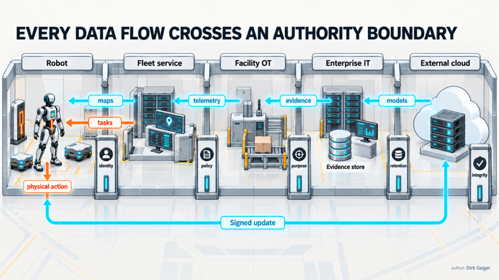 Governance diagram showing robot, fleet, operational technology, enterprise IT and cloud domains connected through controlled data boundaries.