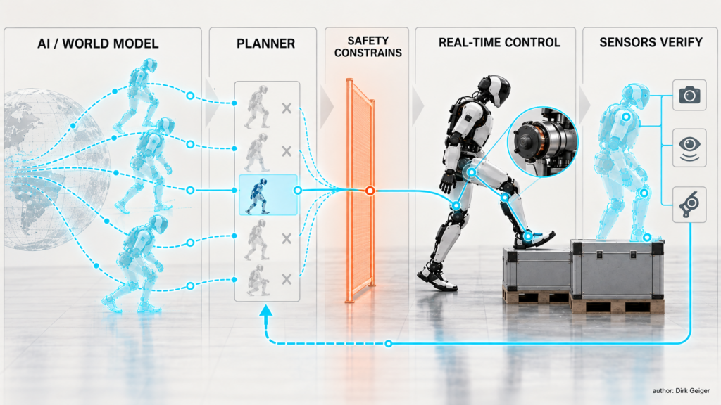 Architecture funnel from AI and world-model proposals through planning and safety to real-time control and verification.