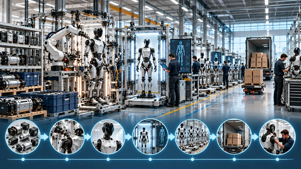 Circular lifecycle for robot modules from fleet return through grading, remanufacturing, test and reuse.