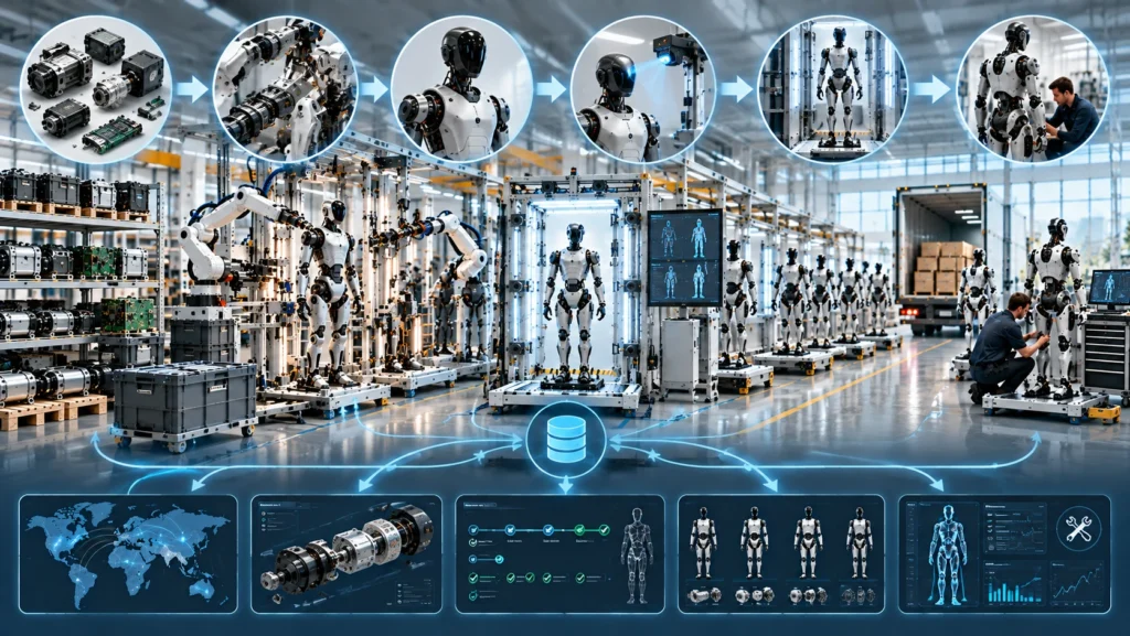 Digital thread linking robot identity with engineering, manufacturing, software, service and remanufacturing records.