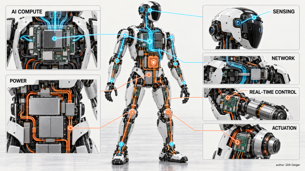 Humanoid electronics architecture with AI compute, real-time controllers, sensing, networking, power and actuation.
