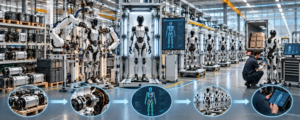 Seven-layer end-of-line robot test architecture from identity through system performance.