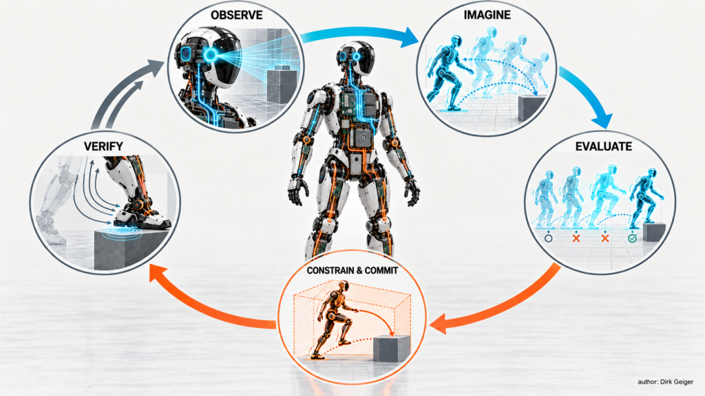 Five-layer closed loop around a humanoid: observe, imagine, evaluate, constrain and commit, verify.