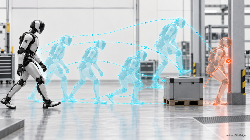 Humanoid moving through a workspace with several alternative predicted future states.