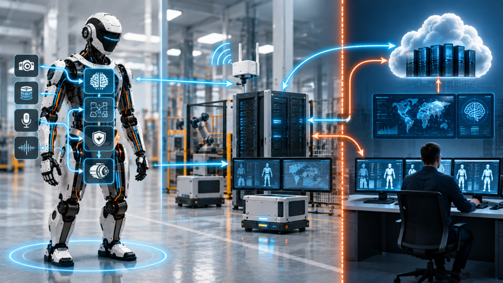 Local motion and safety loops remain inside the robot while remote services connect only to supervisory functions.