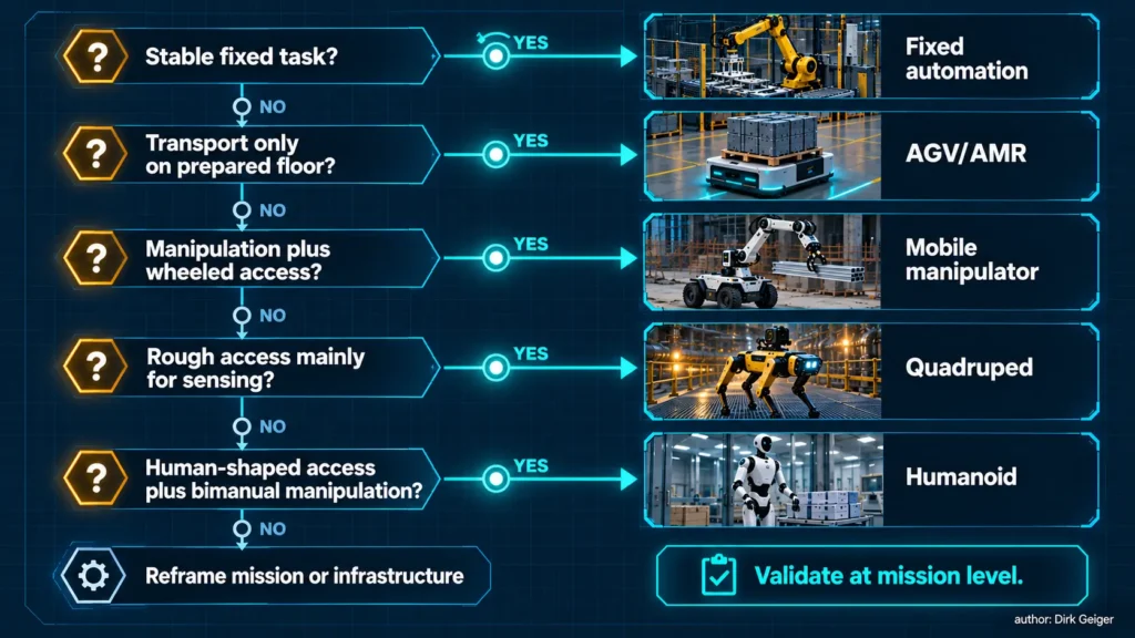 Decision tree selecting among fixed automation, AMR, mobile manipulator, quadruped and humanoid.