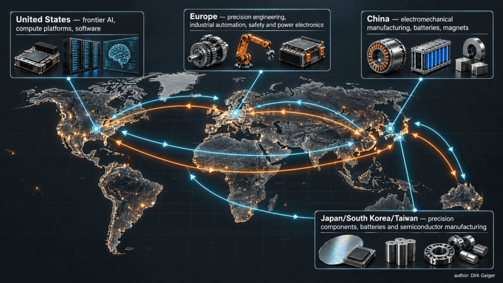 World map showing regional Physical AI strengths and cross-border dependencies.
