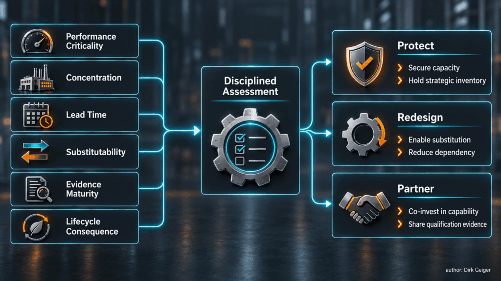 Decision framework turning six supply-risk dimensions into protect, redesign or partner actions.