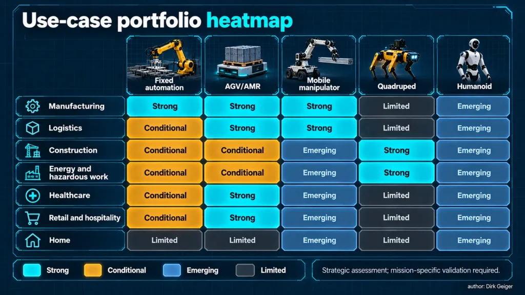 Qualitative heatmap of platform fit across seven application sectors.