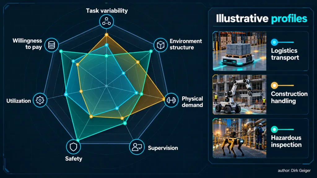 Illustrative seven-axis comparison of three mission profiles.