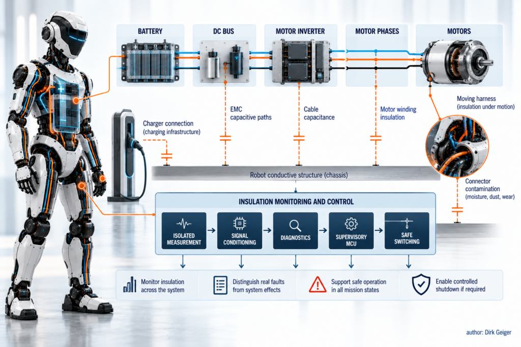 System diagram linking battery, DC bus, inverters and motors with parasitic paths, insulation monitoring and supervisory electronics.