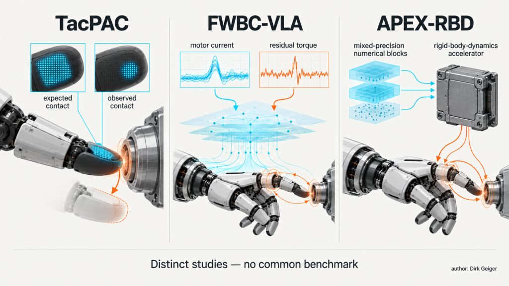 Three separate research signals for tactile correction, force-aware compensation and mixed-precision dynamics.
