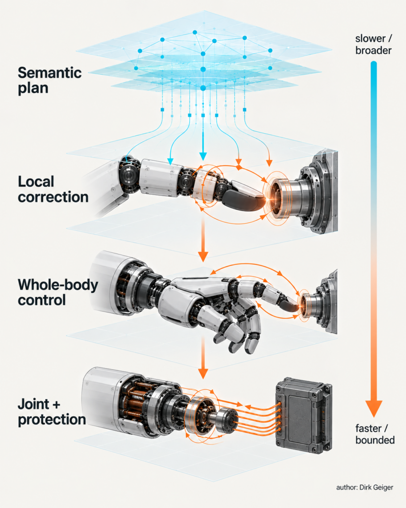 Four-layer control stack with narrowing authority and faster response toward joint protection.