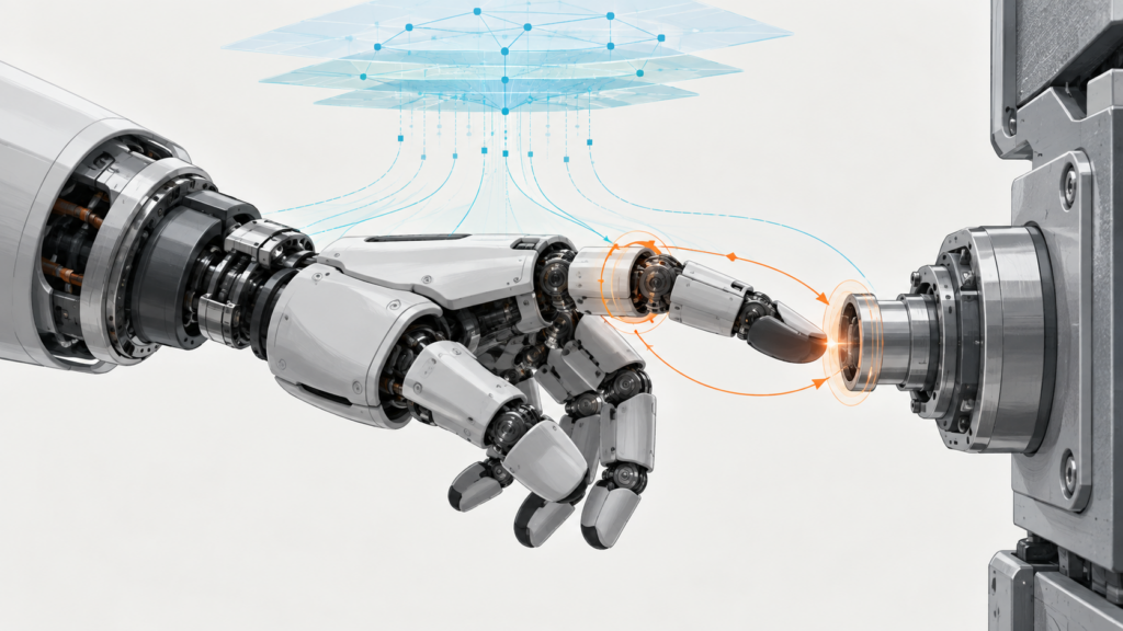 Humanoid hand at contact with a cyan semantic path and orange local reflex loop.